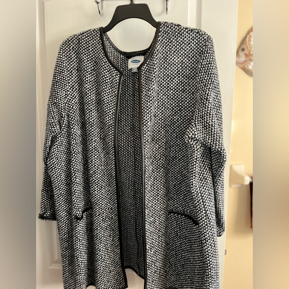 Open front cardigan with faux leather trim, Black/White tweed, Old Navy XXL